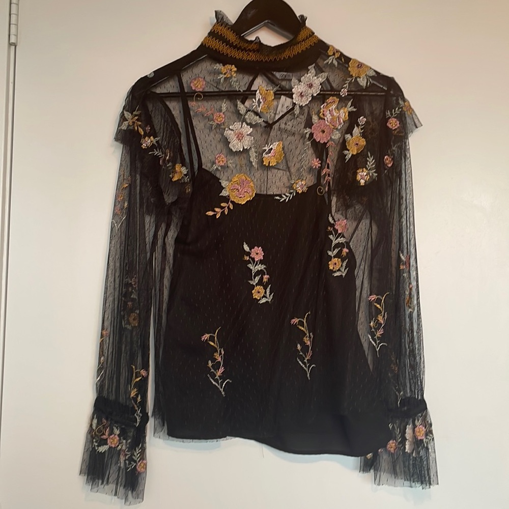 Zara Black Embroidered Floral Sheer Top